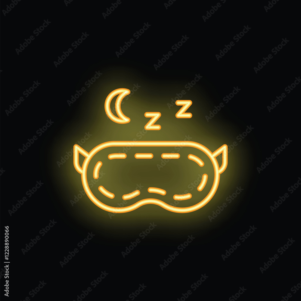 Yellow neon sign of a sleeping mask with a crescent moon and z letters is glowing on a black brick wall Yellow neon sign of a sleeping mask with a crescent moon and z letters is glowing on a black brick wall