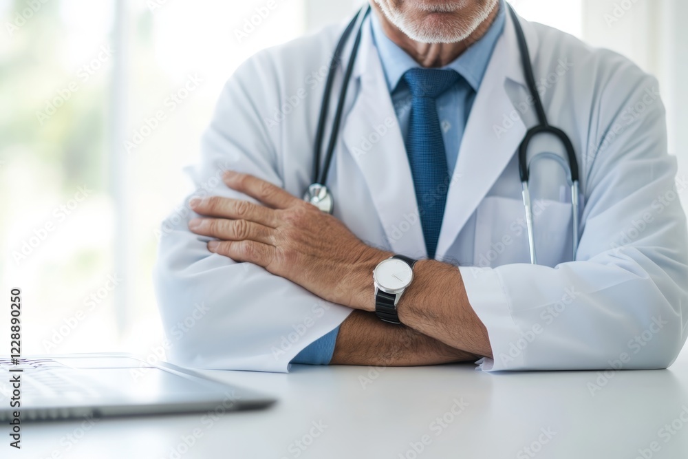 Doctor with crossed arms sits at a table with a laptop, illustrating a thoughtful moment in a medical setting Doctor with crossed arms sits at a table with a laptop, illustrating a thoughtful moment in a medical setting