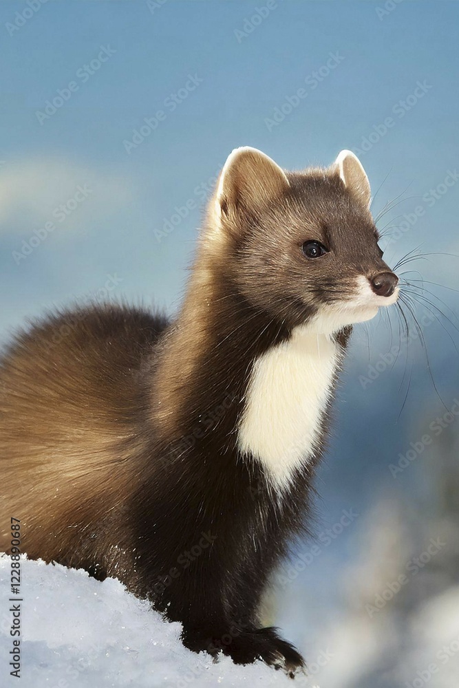 AI generated, animal, animals, mammal, mammals, biotope, habitat, a, individual, foraging, wildlife, American sable, pine marten, hunts its prey in the trees, marten, winter, snow, (Martes americana)
