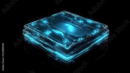 Glowing blue transparent computer chip on black reflective surface.