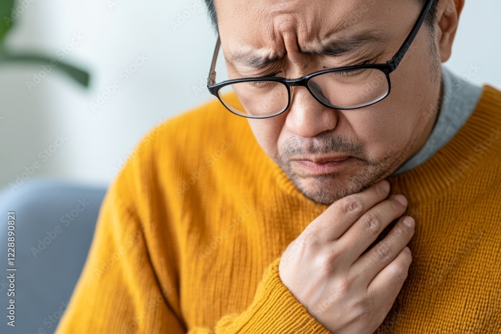 Man experiencing throat discomfort while sitting indoors in a cozy environment Man experiencing throat discomfort while sitting indoors in a cozy environment