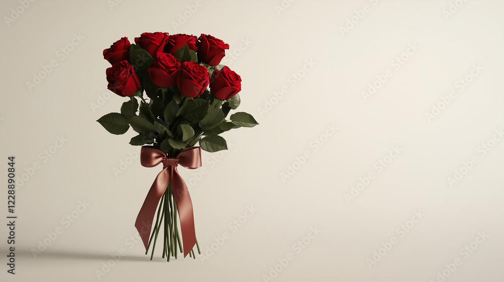 Fototapeta premium Elegant Bouquet of Red Roses with Satin Ribbon on Neutral Background