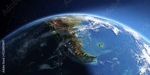 Fototapeta Naklejka Na Ścianę i Meble -  Highly detailed Earth with atmosphere, exaggerated relief and light-flooded cities. Transition from night to day. South America. Tierra del Fuego. 3D rendering. Elements of this image furnished by NASA