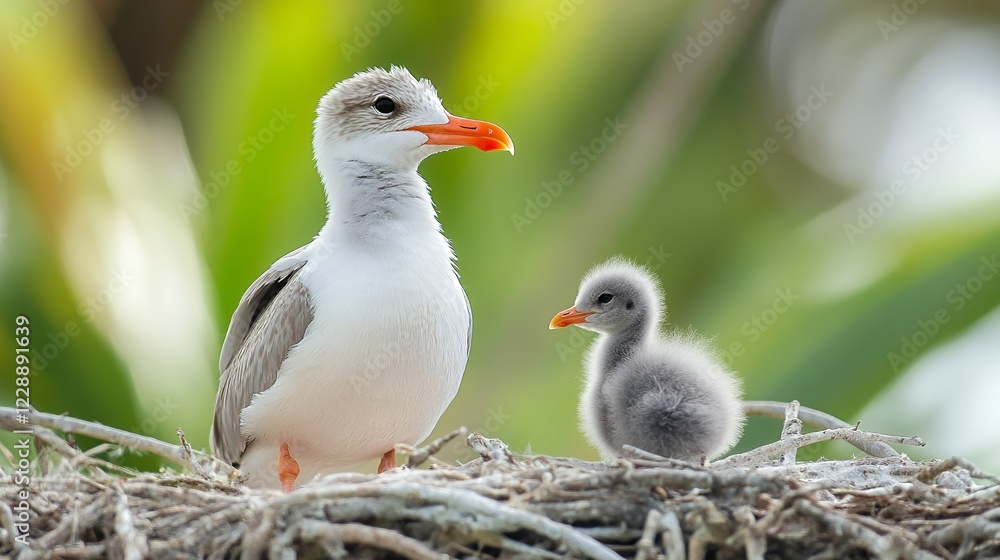 Adult seagull chick nest tropical foliage Adult seagull chick nest tropical foliage