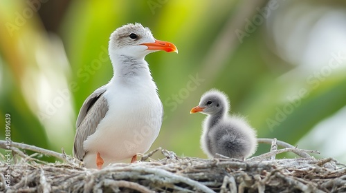 Adult seagull chick nest tropical foliage photo