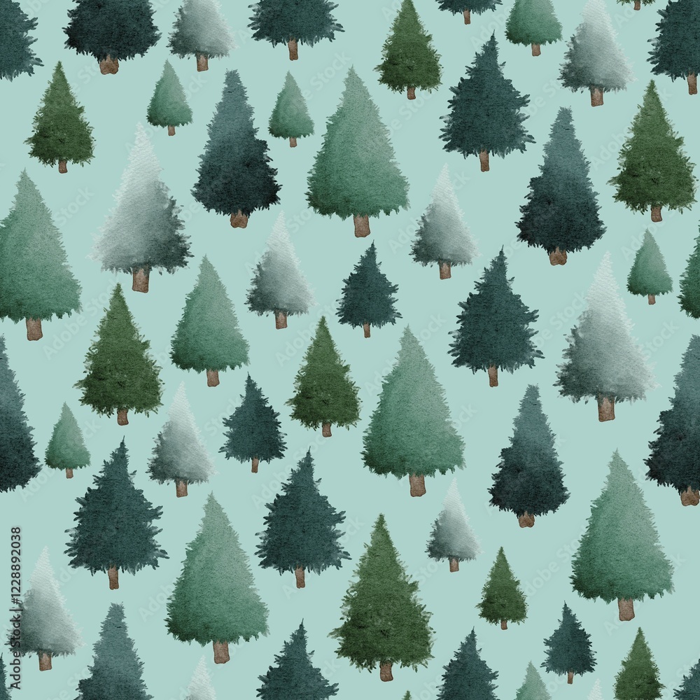 Obraz premium Green Christmas trees watercolour painting seamless pattern design illustration on turquoise background