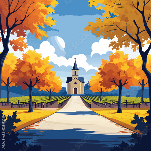 A picturesque scene of a vineyard path leading to a charming church, framed by vibrant fall foliage.