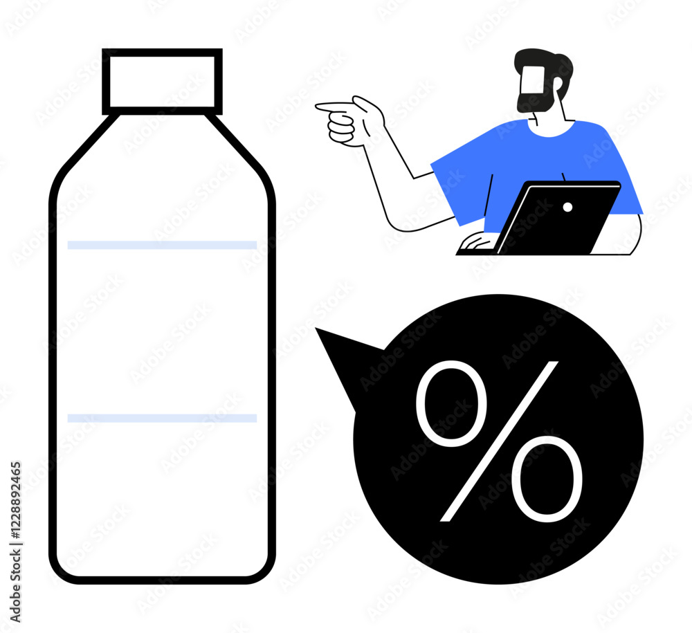 Man pointing while working on laptop, large bottle, percentage sign. Ideal for marketing, sales promotions, product discounts, e-commerce, retail strategies, financial analysis business Man pointing while working on laptop, large bottle, percentage sign. Ideal for marketing, sales promotions, product discounts, e-commerce, retail strategies, financial analysis business