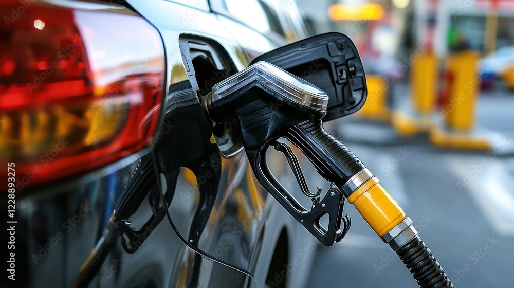 Fuel nozzle inserting into car's gas tank. Fuel nozzle inserting into car's gas tank.