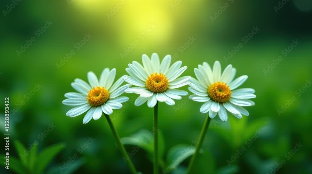 Three Delicate Daisies Bask in the Soft Glow of a Summer's Day, Their White Petals Unfurling in a Peaceful Meadow Scene Three Delicate Daisies Bask in the Soft Glow of a Summer's Day, Their White Petals Unfurling in a Peaceful Meadow Scene