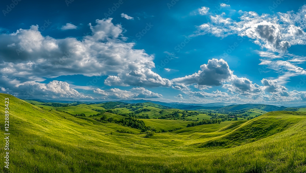 Green mountains under clear blue sky with fluffy white clouds. Green mountains under clear blue sky with fluffy white clouds.