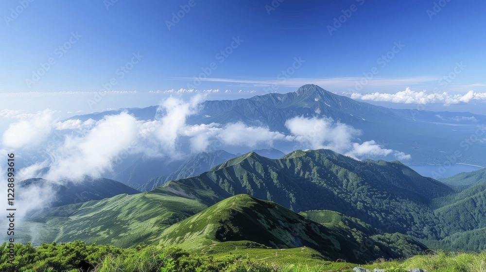 Fototapeta premium Lush green mountains under a clear blue sky with scattered clouds creating a peaceful and serene atmosphere, AI generated