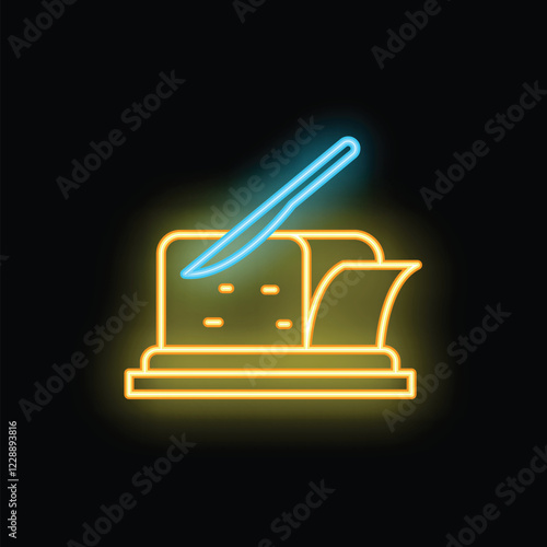 Butter dish with knife spreading on toast neon sign icon on black background