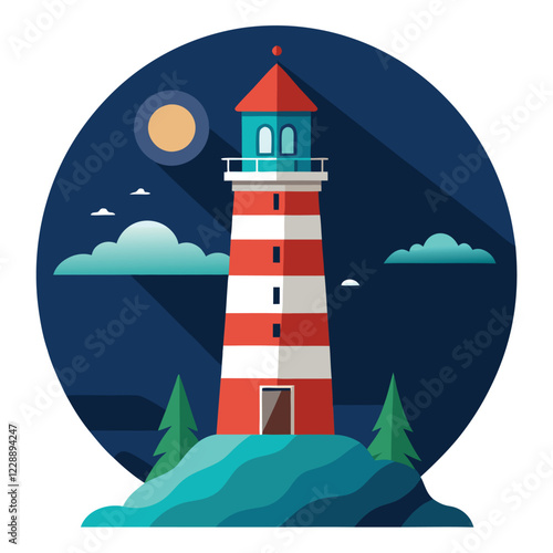 Nighttime lighthouse under starry sky, coastal beacon guiding ships vector illustration