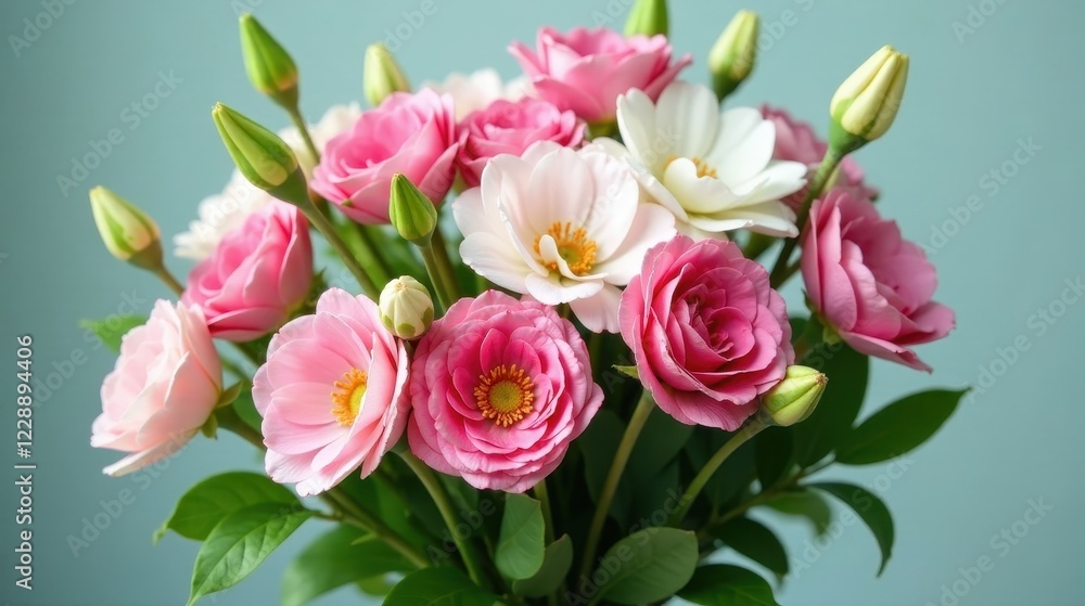 A Delicate Bouquet of Pink and White Flowers, Showcasing a Stunning Array of Petals and Buds, Arranged in a Charming and Elegant Composition A Delicate Bouquet of Pink and White Flowers, Showcasing a Stunning Array of Petals and Buds, Arranged in a Charming and Elegant Composition