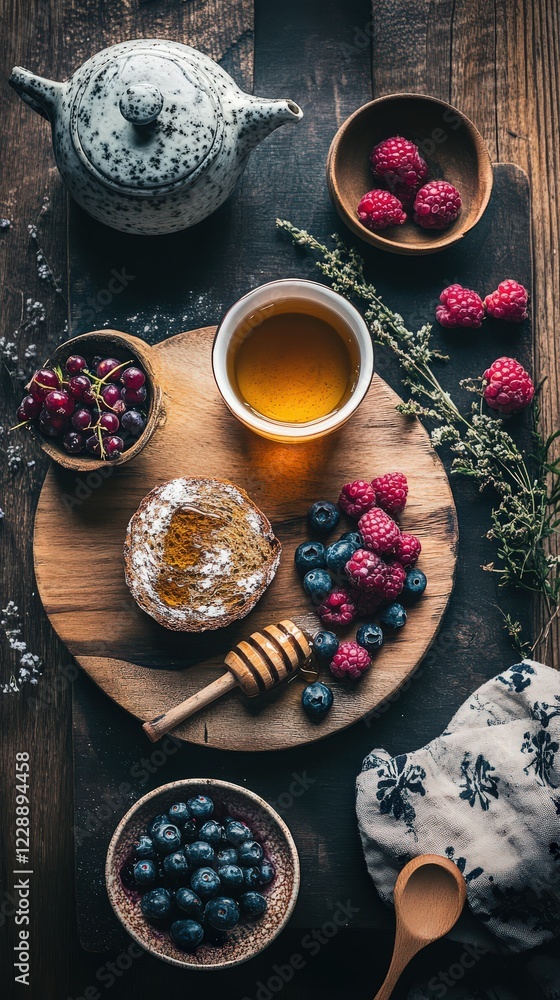 A cozy breakfast spread featuring rye bread, honey, berries, and a steaming cup of herbal tea A cozy breakfast spread featuring rye bread, honey, berries, and a steaming cup of herbal tea