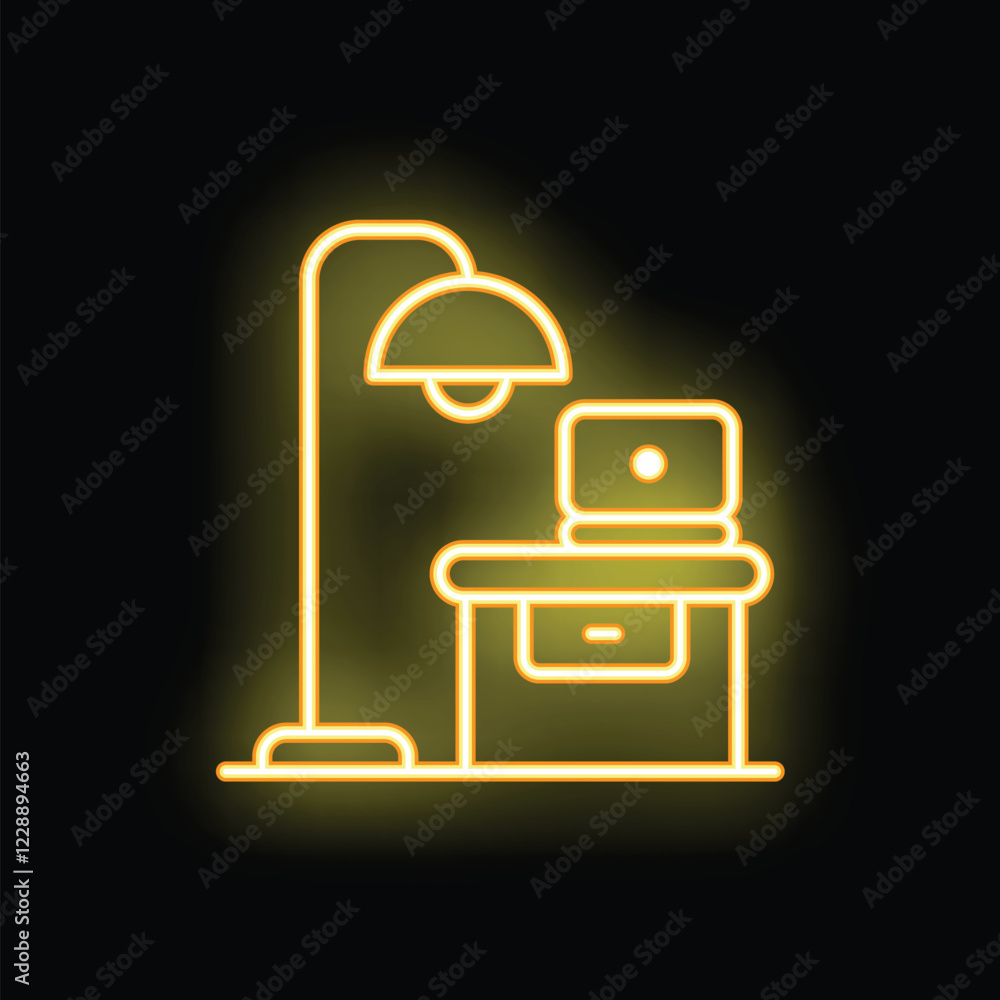 Yellow neon office interior with desk and lamp glowing on a black background Yellow neon office interior with desk and lamp glowing on a black background