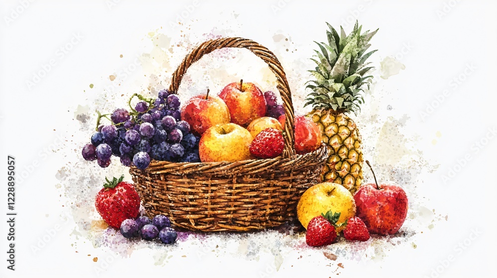 Vibrant Watercolor Painting of Overflowing Wicker Basket