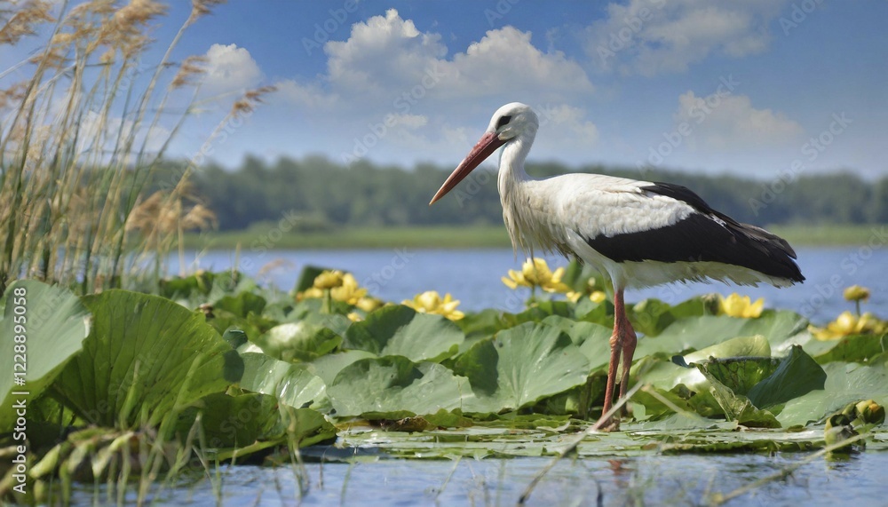 Fototapeta premium Ai generated, animal, animals, bird, birds, biotope, habitat, a, individual, swims, waters, reeds, water lilies, blue sky, foraging, wildlife, summer, seasons, white stork (Ciconia ciconia)