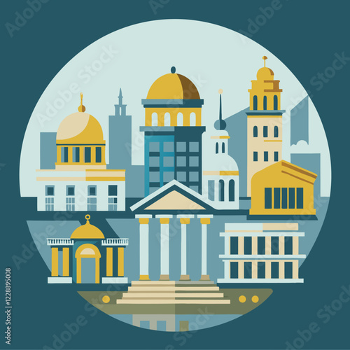 Historic European cathedral with domes and towers, architectural landmark vector illustration
