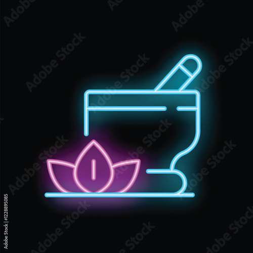 Colorful neon icon of a mortar and pestle with leaves, representing alternative medicine and wellness