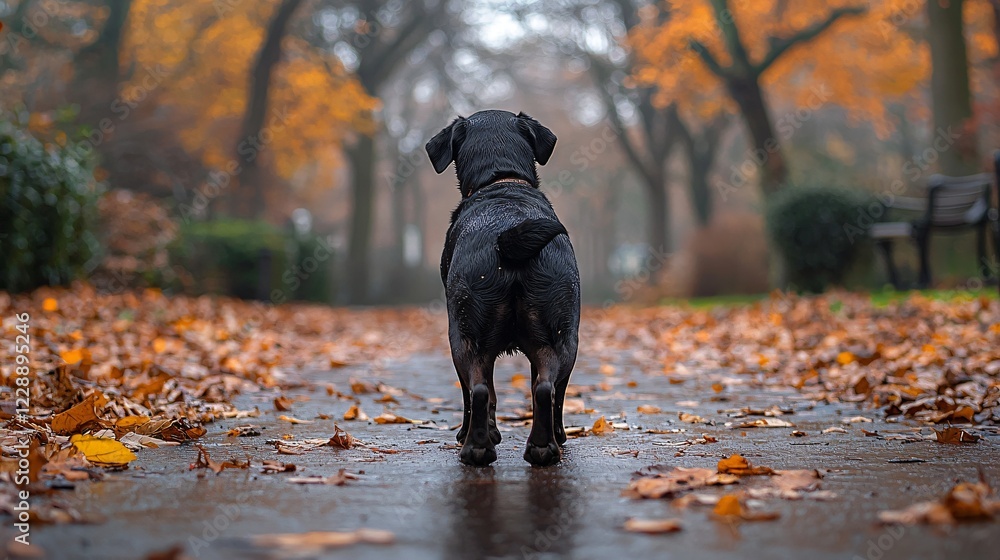 Black Dog on Autumn Path Looking Forward Amid Fallen Leaves with Park Benches in Distance. Black Dog on Autumn Path Looking Forward Amid Fallen Leaves with Park Benches in Distance.