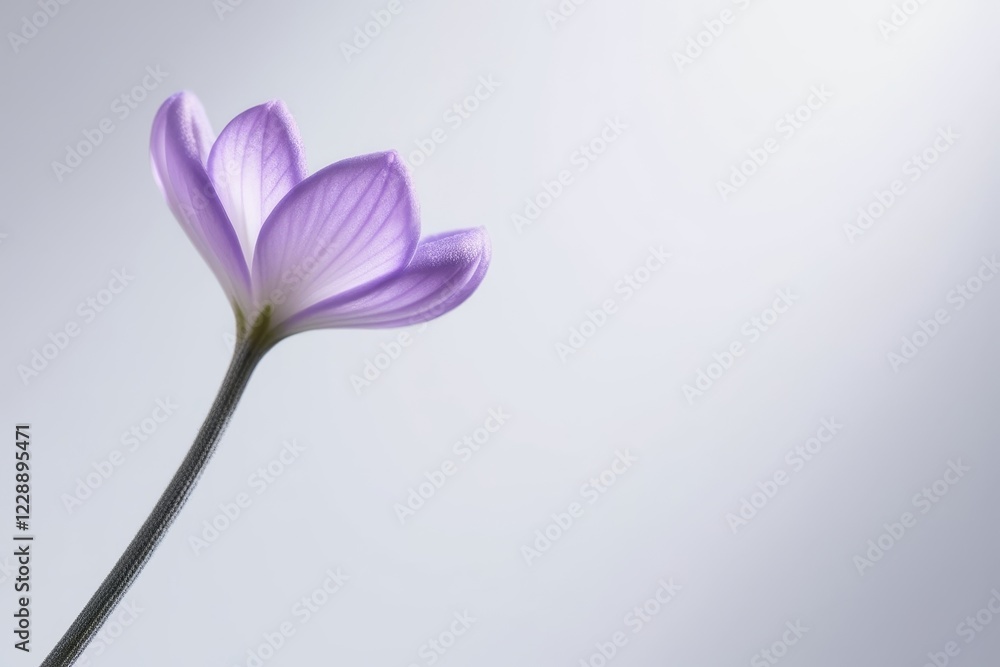 Obraz premium Close-up of a lavender-colored flower on a white background, showcasing soft petals and a serene, minimalist aesthetic