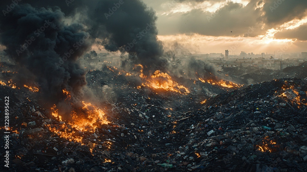 Burning Landfill With Smoke And Flames Creating A Dark Scene Under A Cloudy Sky. Burning Landfill With Smoke And Flames Creating A Dark Scene Under A Cloudy Sky.