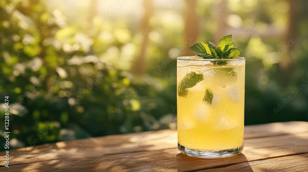 A glass of sparkling lemonade with ice cubes and mint leaves, placed on a wooden table with a summer outdoor background A glass of sparkling lemonade with ice cubes and mint leaves, placed on a wooden table with a summer outdoor background