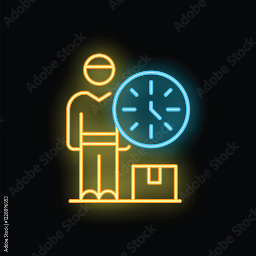 Neon glowing sign of a delivery man holding a clock representing express delivery service