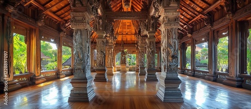 Intricate wooden interior with carved pillars and polished floor.