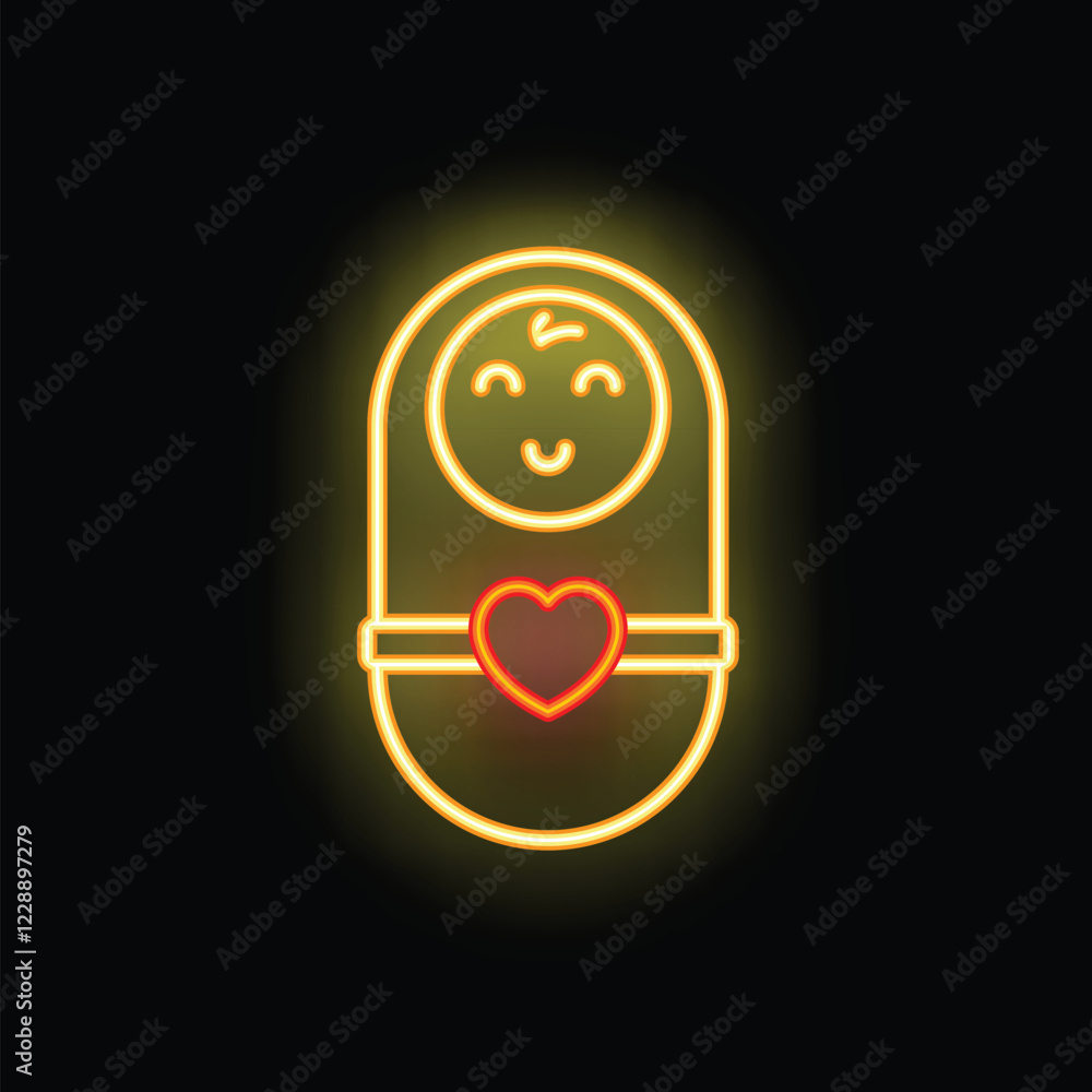 Neon sign of a swaddled baby with a heart, symbolizing love, care, and the joy of parenthood Neon sign of a swaddled baby with a heart, symbolizing love, care, and the joy of parenthood