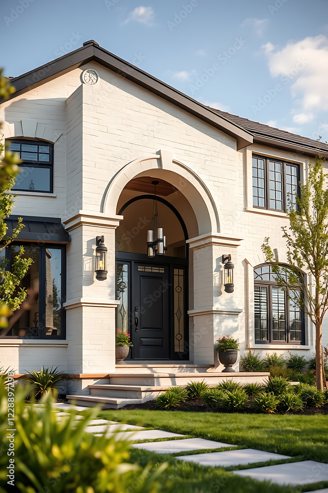 Elegant Brick House Exterior: Modern Architecture and Landscaping Design. A luxury home showcasing beautiful architecture, landscaping, and a grand entrance. Elegant Brick House Exterior: Modern Architecture and Landscaping Design. A luxury home showcasing beautiful architecture, landscaping, and a grand entrance.