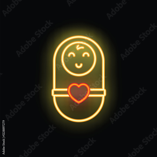 Neon sign of a swaddled baby with a heart, symbolizing love, care, and the joy of parenthood