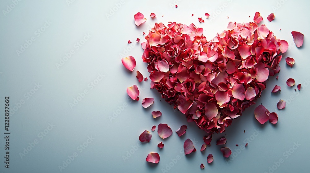 Heart Shape Made Of Red Rose Petals Displayed On Light Background Romantic Presentation. Heart Shape Made Of Red Rose Petals Displayed On Light Background Romantic Presentation.