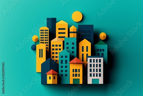 Paper Cityscape Colorful Buildings and Sun
