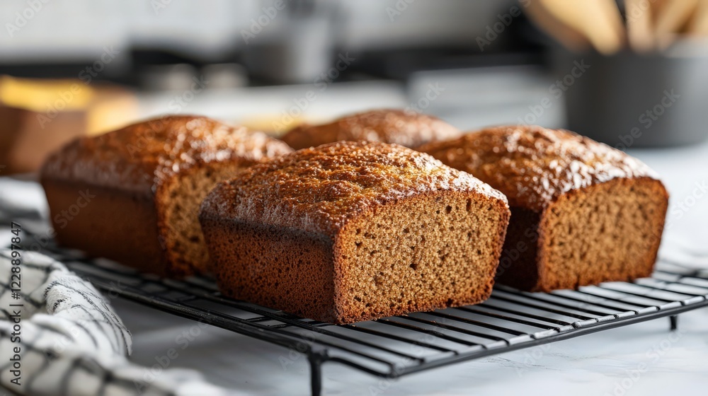 A kitchen scene featuring freshly baked rye bread cooling on a wire rack A kitchen scene featuring freshly baked rye bread cooling on a wire rack