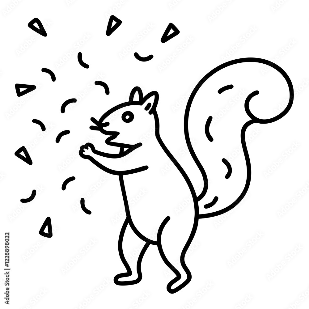 A squirrel throwing confetti at a celebration line art vector illustration A squirrel throwing confetti at a celebration line art vector illustration