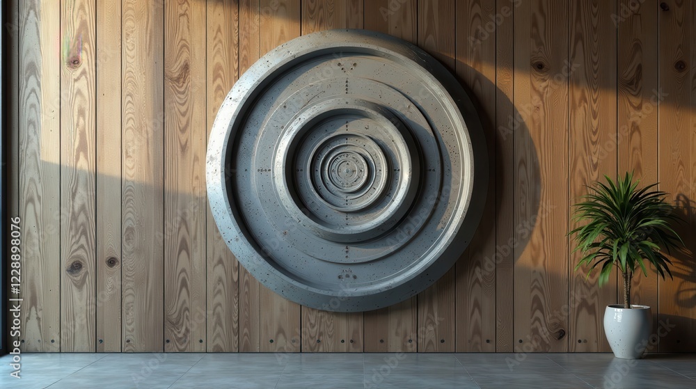 Fototapeta premium Modern Concentric Circular Wall Decor in a Minimalist Interior Setting with Natural Wood Paneling and Potted Plant
