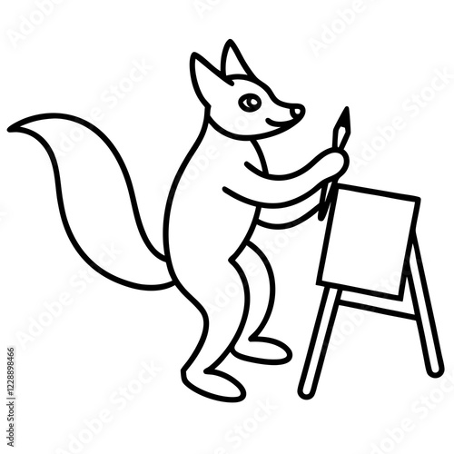 A fox painting a masterpiece line art vector illustration 