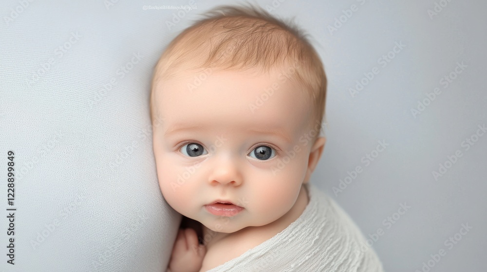 Portrait of a Baby Boy with Blue Eyes Wrapped in a Light Beige Blanket Portrait of a Baby Boy with Blue Eyes Wrapped in a Light Beige Blanket