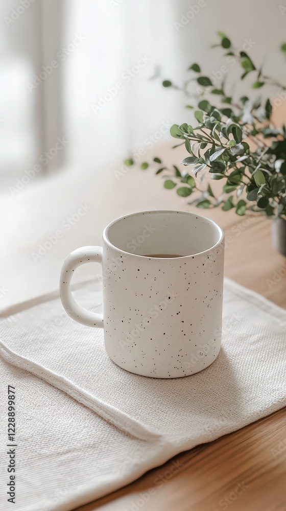 A minimalist table setting with a white ceramic coffee cup and a small plant centerpiece A minimalist table setting with a white ceramic coffee cup and a small plant centerpiece