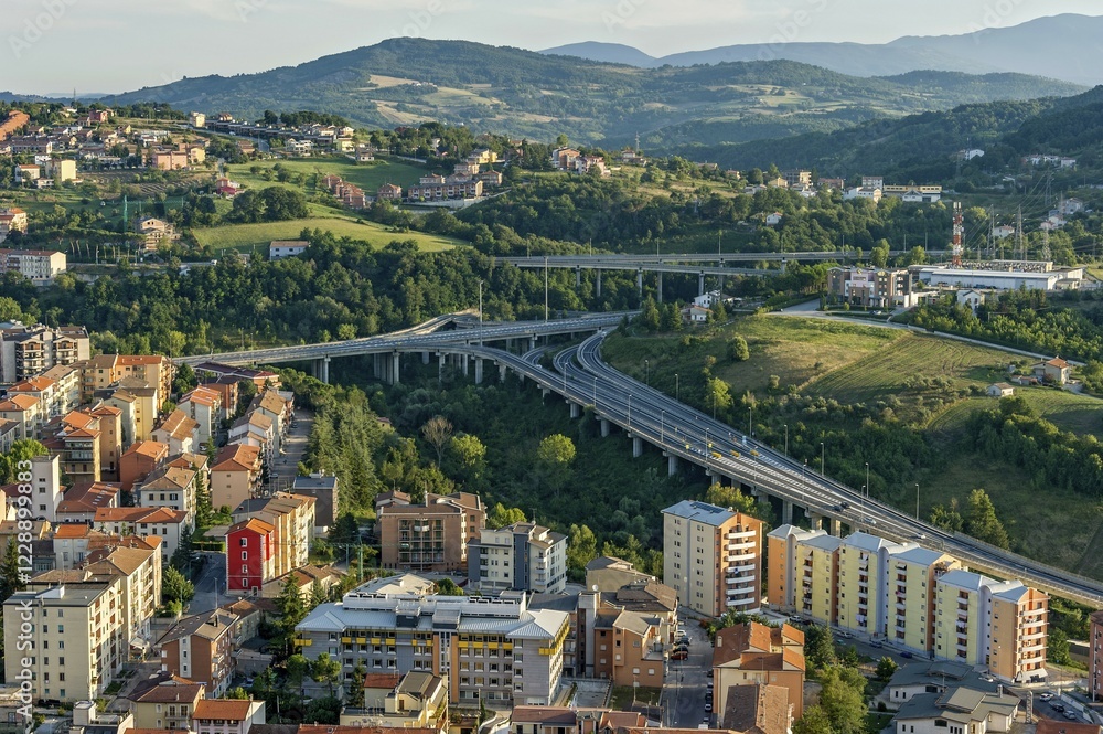 Fototapeta premium View from Castello Monforte over apartment blocks and motorway junction, Campobasso, Molise, Italy, Europe