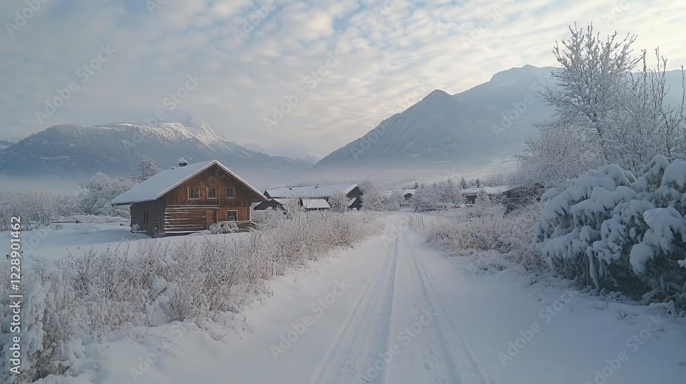 Snowy mountain road leads to winter cabins Snowy mountain road leads to winter cabins