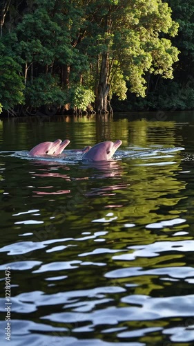 A trio of pink river dolphins swimming gracefully in a calm rainforest river, surrounded by thick greenery.
