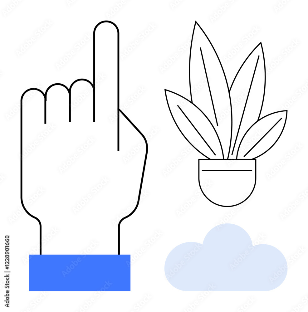 Hand pointing upward, potted plant, blue cloud highlight minimalistic design. Ideal for growth, direction, nature, environment, digital interaction simplicity and positivity. Modern abstract line Hand pointing upward, potted plant, blue cloud highlight minimalistic design. Ideal for growth, direction, nature, environment, digital interaction simplicity and positivity. Modern abstract line
