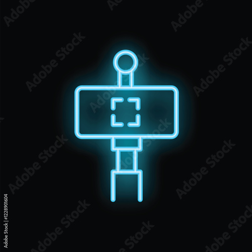 Blue neon icon of a smartphone gimbal capturing video content against a dark background
