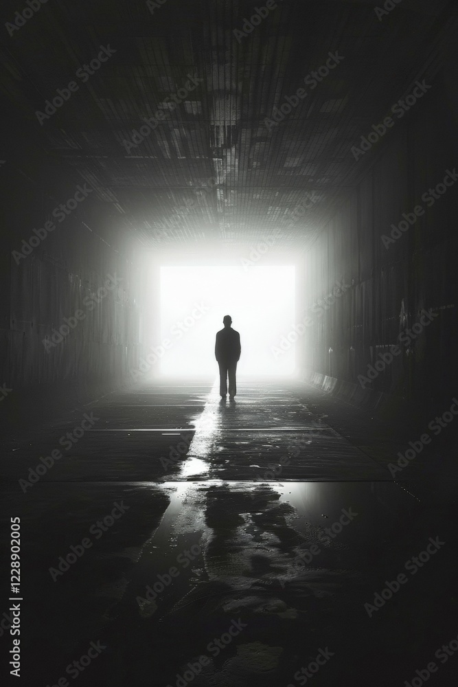 Obraz premium Silhouette of a man standing in a tunnel, light at the end of the tunnel, symbolic image for near-death experience, death, psychology, threat, danger, fear, trauma, parapsychology, AI generated, AI generated, AI generated
