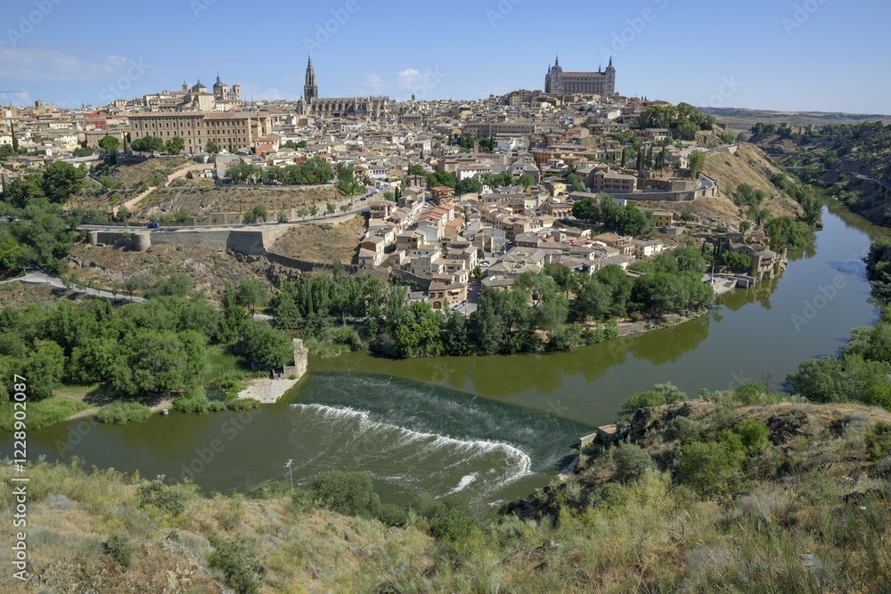City view of Toledo with the river Tajo, province Toledo, region Castilla-La Mancha, Spain, Europe City view of Toledo with the river Tajo, province Toledo, region Castilla-La Mancha, Spain, Europe