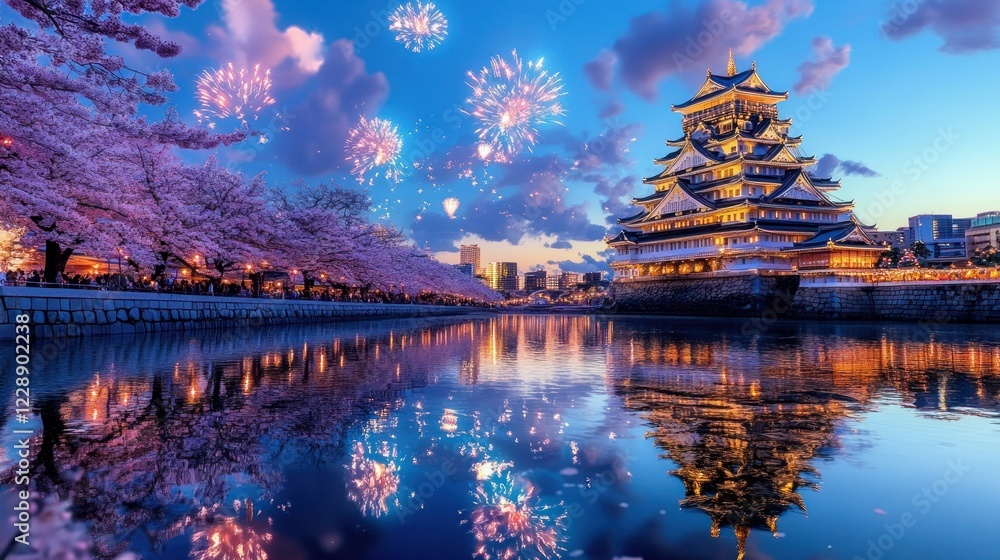 Obraz premium Osaka Castle Cherry Blossom Fireworks Spectacle in Japan